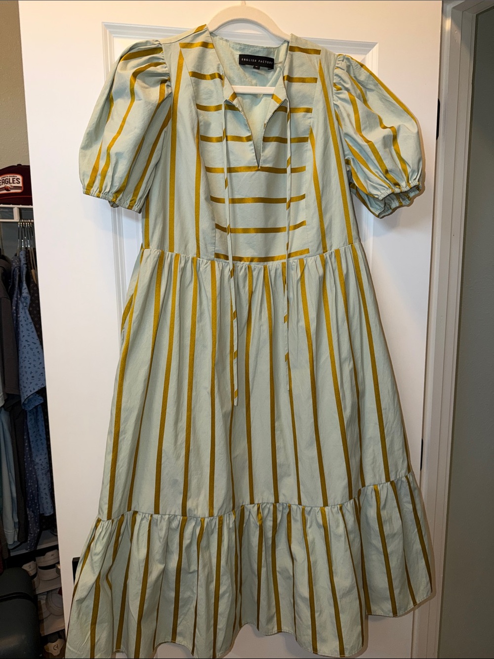 English Factory Sage and gold Striped Puff-Sleeve Dress